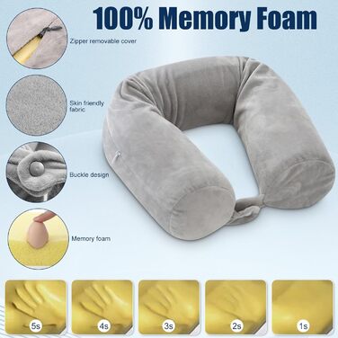 Подушка для шиї у вигляді U, Memory Foam, з чохлом, навушниками, маскою для сну, сіра. Для подорожей, авто, офісу