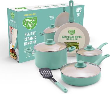 Набір кухонного посуду GreenLife Soft Grip 8 предметів, керамічне антипригарне покриття, турецький колір, для приготування, тушкування, соусів, з кришками, безпечний для здоров'я, можна мити в посудомийній машині