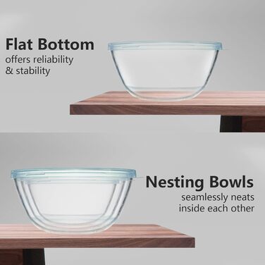 WhiteRhino Glass Mixing Bowls with Lids, 3-Piece Set (4.2L, 2.5L, 1L), Large Round Salad Bowls for the Kitchen, Salad Bowl with Lid, Cooking, Baking, Preparing, Dishwasher Safe