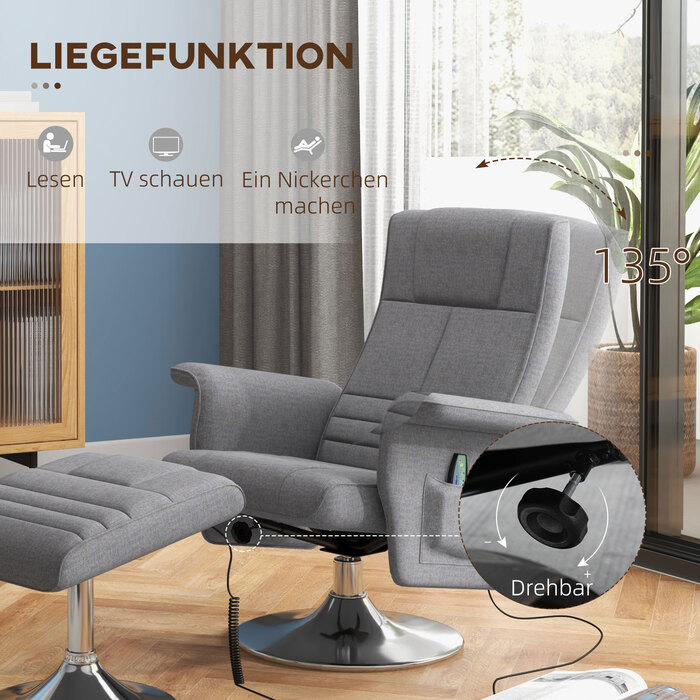 HOMCOM Electric Recliner TV Chair with Footrest, Reclining Function, Vibration Massage, Remote Control, Linen-Look Dark Grey