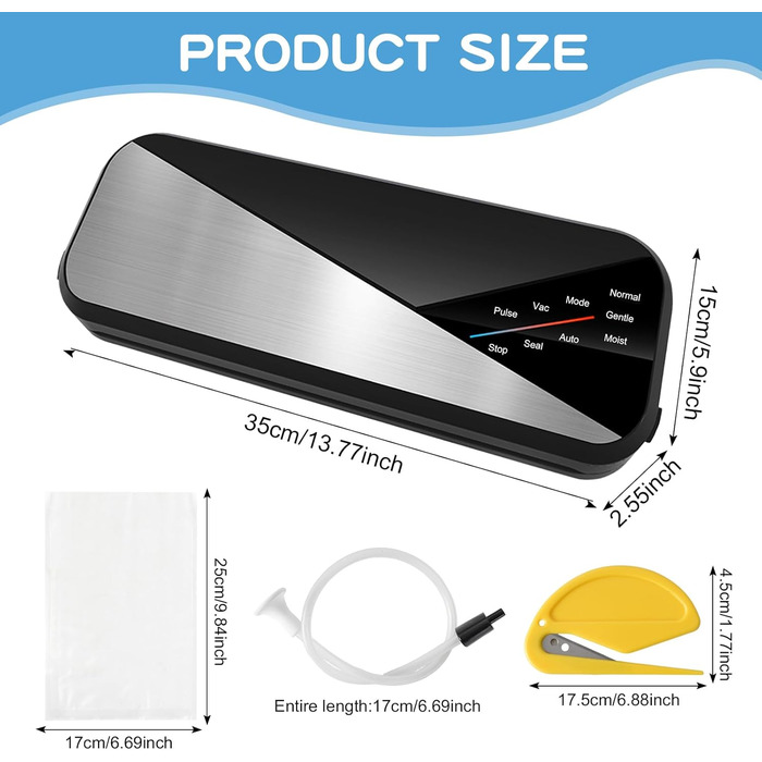 Вакуумний апарат Colexy 6-в-1: пакувальник продуктів, 80 kPa, для сухих та вологих продуктів, з фольгою та шлангом, чорний