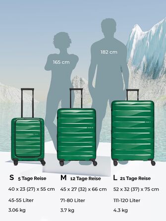 Чемодан середнього розміру з жорстким корпусом, розкладний, з відділенням для ноутбука | Trolley, 45 x 27 x 66 см, поліпропілен, 3.7 кг, TSA-замок, подвійні колеса (Ізумрудно-зелений металік)
