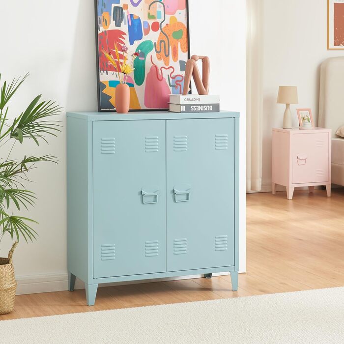 Металевий шафа [en.casa] Oripää для вітальні, офісу та майстерні, 90x80x33 см, з 2 дверцятами і регульованою полицею, сіро-блакитна