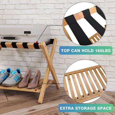 SMIBUY Luggage Rack, 2-Pack, Folding Bamboo Suitcase Stand with Shelf for Guest Room, Bedroom, Hotel, Heavy-Duty (Natural Colors)