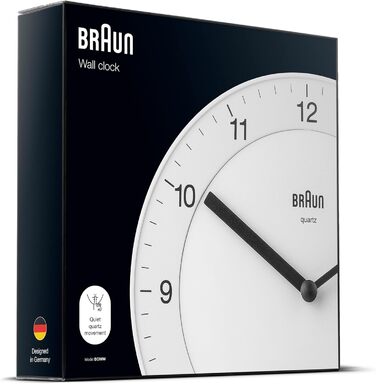 Braun Classic analog wall clock with a quiet quartz movement, easy-to-read dial with a 20 cm diameter in white, model BC06W.