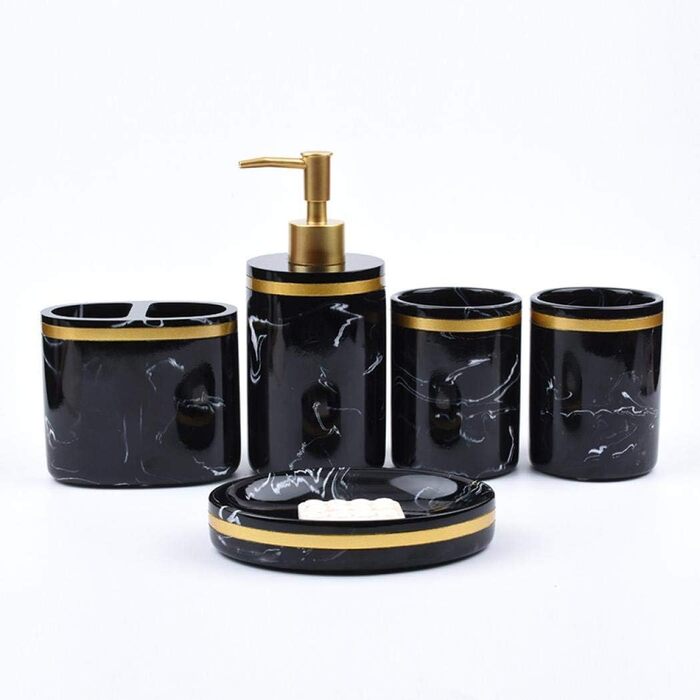 Набір аксесуарів для ванної кімнати, 5 шт., чорний, люкс, мармуровий малюнок, зубна щітка, дозатор мила, стакан, мильниця