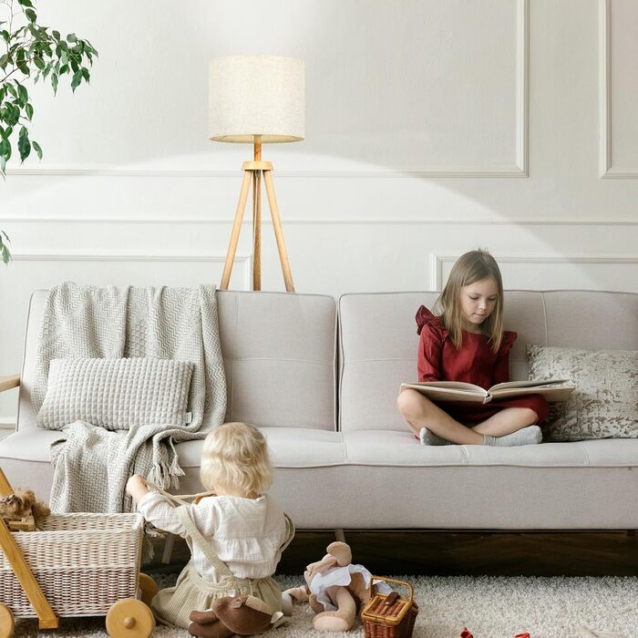 Стельова лампа для вітальні, LED, регулювання яскравості, 3 колірні температури, дерев'яна, з таймером, з абажуром, з вимикачем для вітальні, спальні, офісу