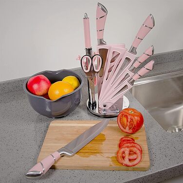 Набір кухонних ножів Justup 9шт з обертовим блоком, рожевий. Набір ножів з нержавіючої сталі з антипригарним покриттям, з точилкою для кухні.