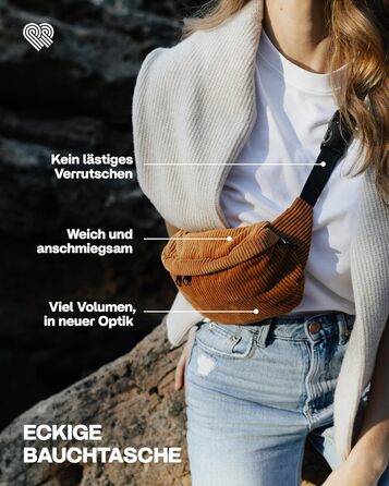 Чоловіча та жіноча поясна сумка PP-Berlin з корду, ручної роботи, веганська, 3 відділення, виготовлена в Німеччині, для повсякденного використання та відпочинку, можна носити як через плече (Окре)