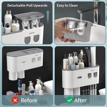 Тримач для зубних щіток настінний з автоматичним дозатором пасти для дітей та дорослих, 6 відділень для щіток, 2 магнітні стаканчики, сірий