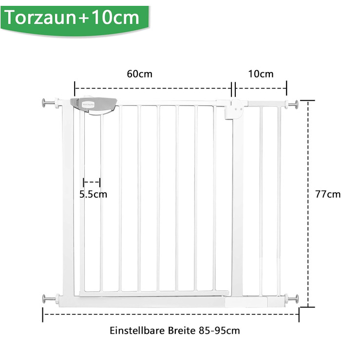 Захисний бар'єр для сходів без свердління, 75-85 см, автоматичне закривання, білий. Безпечні ворота для дітей, захист від падіння, кріплення без свердління, 180° відкривання