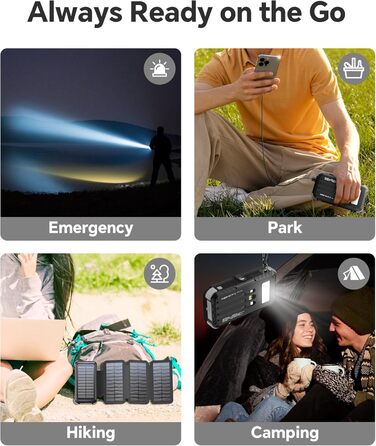 Сонячний Power Bank 26800mAh з 5 виходами USB та USB-C, водонепроникний, з ліхтариком та карабіном, для кемпінгу та зарядки телефонів/планшетів (сірий)