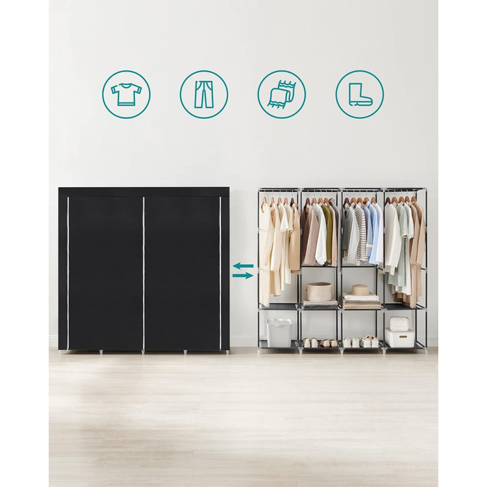 SONGMICS Wardrobe, Clothes Closet, 45 x 170 x 167 cm, 4 Hanging Shelves, with Shelves, 4 Side Pockets, Lots of Space, for Bedroom, Living Room, Black RYG094B02