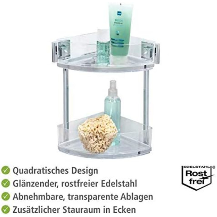 WENKO Vacuum-Loc® Bathroom Corner Shelf Quadro Duo, No Drilling Required, with 2 Shelves, Rust-Proof Stainless Steel Holder with Removable Plastic Tray, Easy-to-Clean Shower Shelf, 28 x 32.5 x 19.5 cm