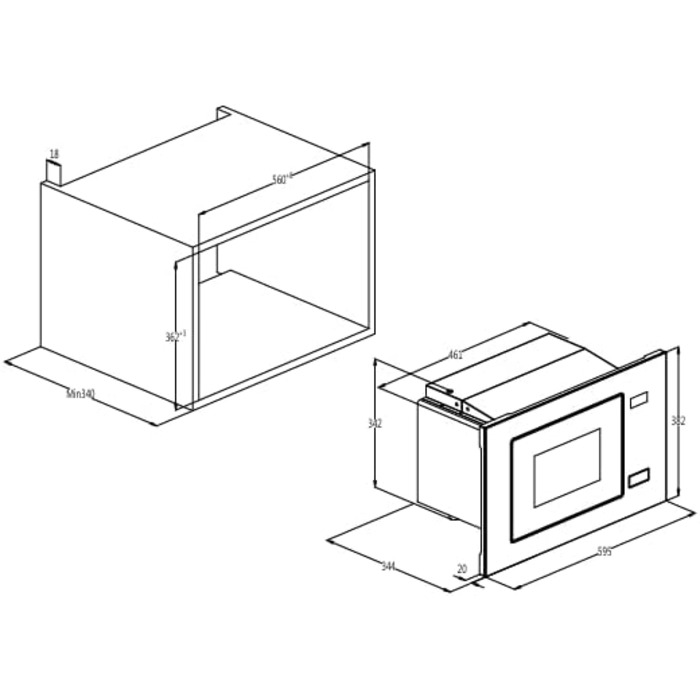 Вбудована мікрохвильова піч Candy MIC 20 EX, 20 літрів, 800W, гриль 1000W, металік (чорне скло)