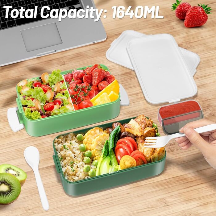 Anykuu Lunchbox 1600ML Lunchbox with 2-4 Flexible Compartments Bento Box with Spoon, Fork & Spice Box Lunchbox for Kids for Microwave, Dishwasher Lunchbox Kids for School, Work, Picnic, Green