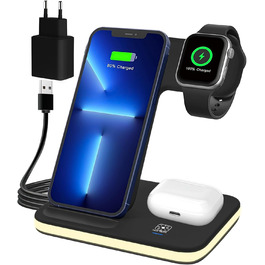 Зарядна станція 3-в-1 для Apple Watch та iPhone: бездротова зарядка для iPhone 16/15/14/13/12/11/Pro/Max/X/8/Plus та Apple Watch 10/9/Ultra/8/7/6/SE/5/4/3/AirPods Pro 4/3/2