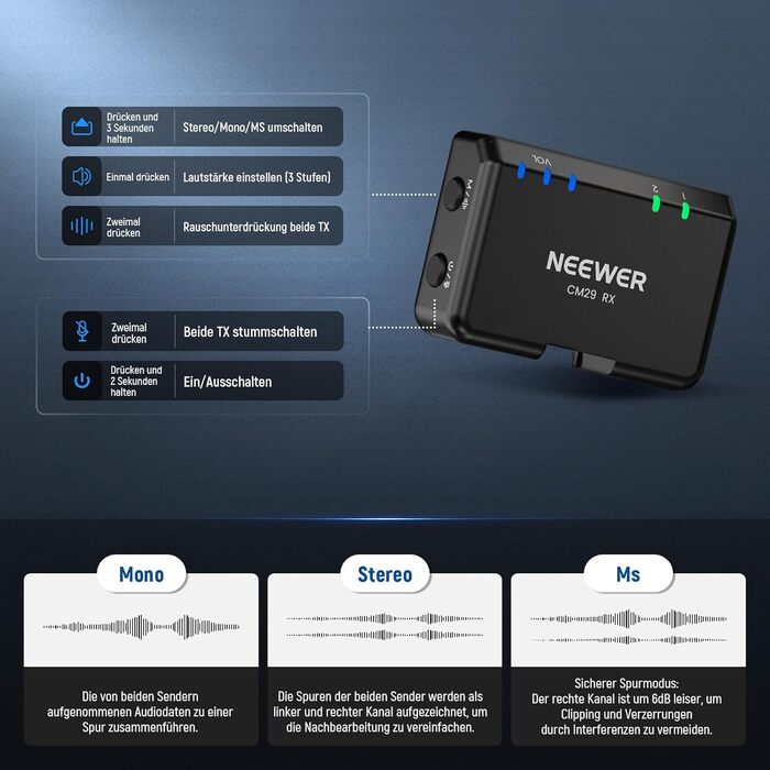 NEEWER CM29 Мініатюрний бездротовий мікрофон-петличка, 48kHz/24Bit з шумозаглушенням, 25 годин роботи, 150м радіус дії, сумісний з iPhone, iPad, Android, DJI, Insta360, ПК, Mac (1RX+2TX+зарядний кейс)