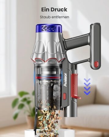 Бездротовий пилосос Avalsor Akku з потужністю 48000Pa/580W, 70 хвилин роботи, об'ємом 1,8 л, видаленням попелу, антизаплутана щітка, 8-шарова фільтрація. Підходить для килимів та шерсті тварин.