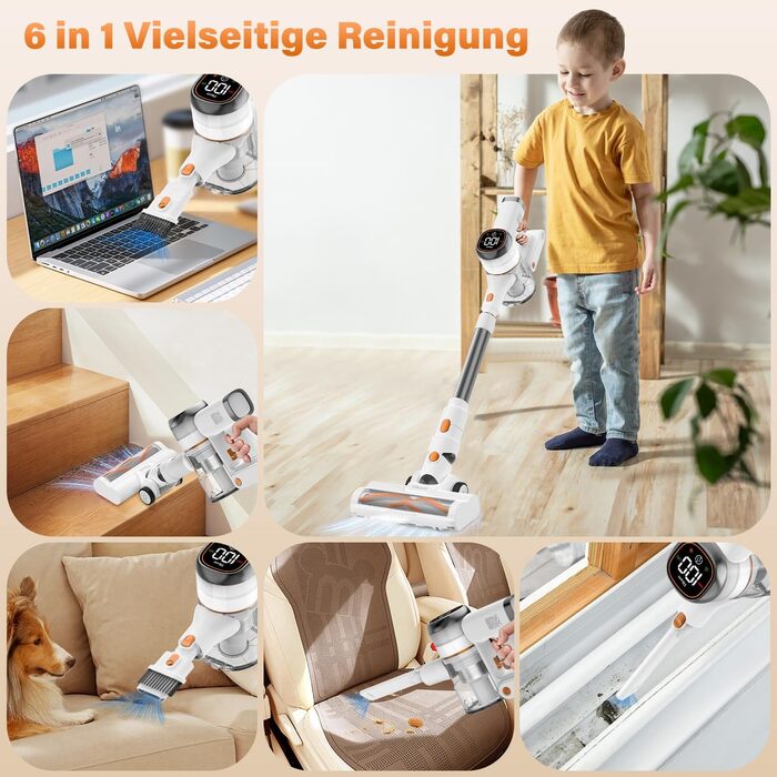 Бездротовий акумуляторний пилосос Tikom V500 450W, 6-в-1, білий. З контейнером 1.3л, для прибирання килимів, шерсті тварин та твердих поверхонь.