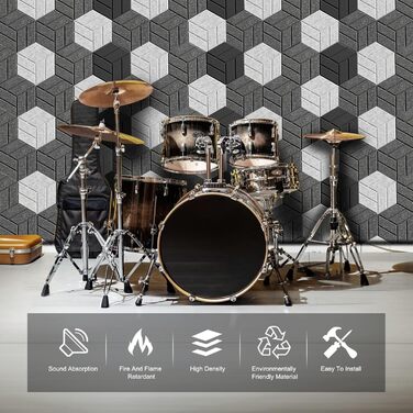 Акустичні гексагонні панелі самоклеючі, звукопоглинаючий пінопласт для стін у студію, офіс та ігрову кімнату, сірі (30x26x0.9 см), 12 шт.