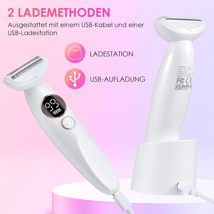 Електричний жіночий епілятор 5-в-1 з 3 насадками для бікіні, обличчя та тіла, водонепроникний (IPX7)