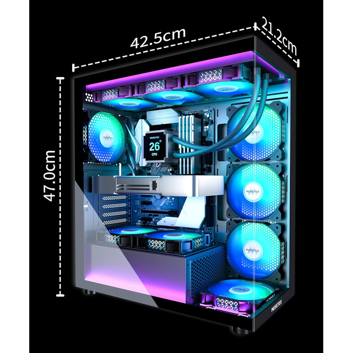 Корпус ПК MUSETEX K2: Mid Tower ATX з 7 PWM ARGB вентиляторами, подвійне панорамне скло, Type-C, чорний (42,5 x 21,2 x 47 см)