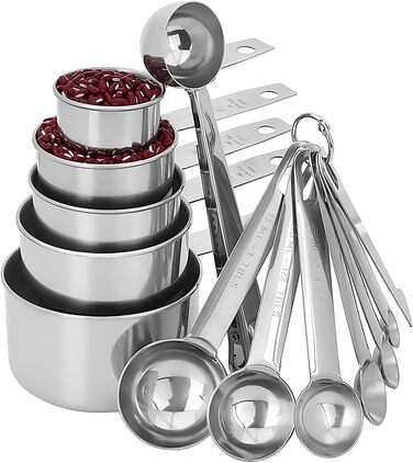 Wmtidene 13-Piece Measuring Cups and Spoons Set, Stainless Steel, 5 Measuring Cup Set and 6 Measuring Spoon Set, 1 Coffee Spoon, 1 Leveler for Dry and Liquid Ingredients