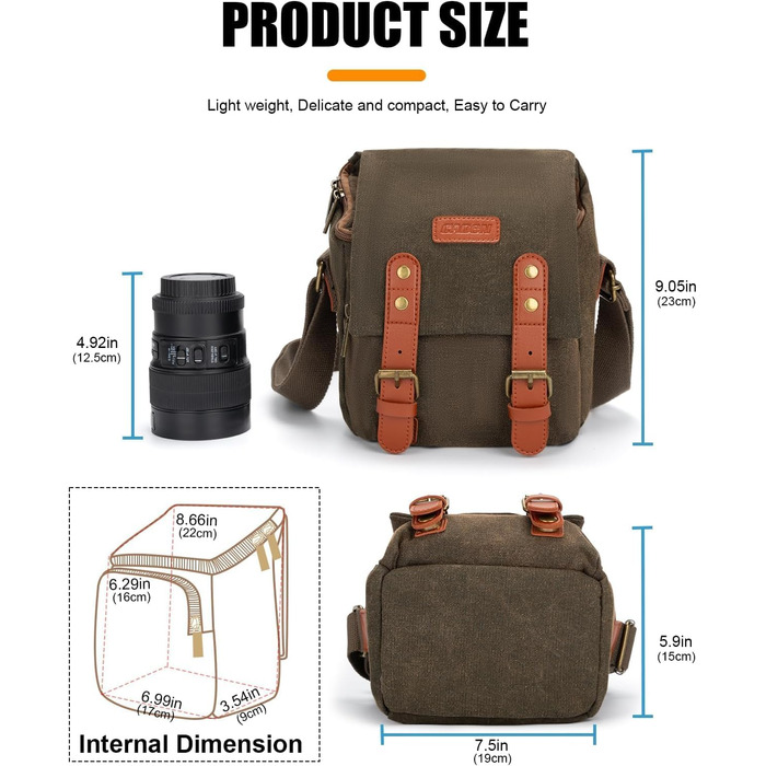 CADeN Ретро сумка для камери на плечі для Sony Canon, водонепроникна, для DSLR та беззеркальних камер, легка та компактна (коричнева)