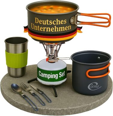 Набір посуду Coeo 7 предметів для приготування їжі на відкритому повітрі (каструля, сковорода, столові прибори, чашка) - зелений