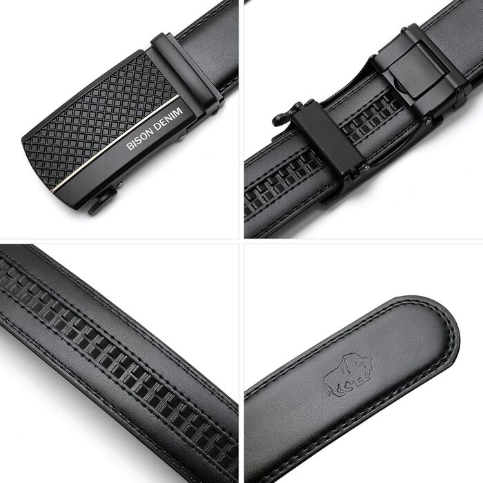 Чоловічий шкіряний ремінь BISON DENIM з автоматичною застібкою-разом - для ділового костюма, ширина 35 мм, чорний
