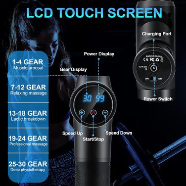 Muscle Percussion Massage Gun with 30 Speed Settings - Quiet Handheld Massager with LCD Touchscreen & 10 Massage Heads for Shoulder, Body, and Back Pain Relief