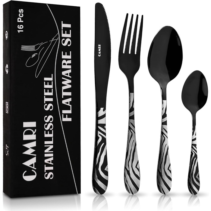 Набір столових приборів CAMRI – 16 предметів, нержавіюча сталь, набір для 4 осіб, легко миється (креузо-чорний візерунок)