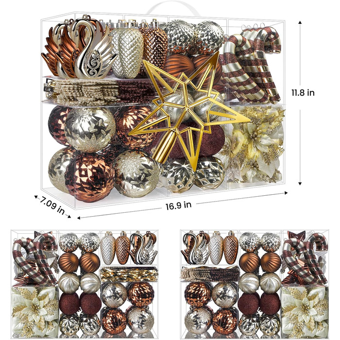 Набір прикрас для ялинки Alupssuc 128 шт. - ялинкові кулі, квіти, орнаменти, червоно-золотий (шампань, коричневий)