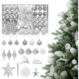 Набір прикрас для ялинки Aufun 108 шт. Преміум якість, пластикові кулі, зірка, верхівка, безпечні прикраси, ялинкові кулі, багаторазові, декор (шампань, срібло)