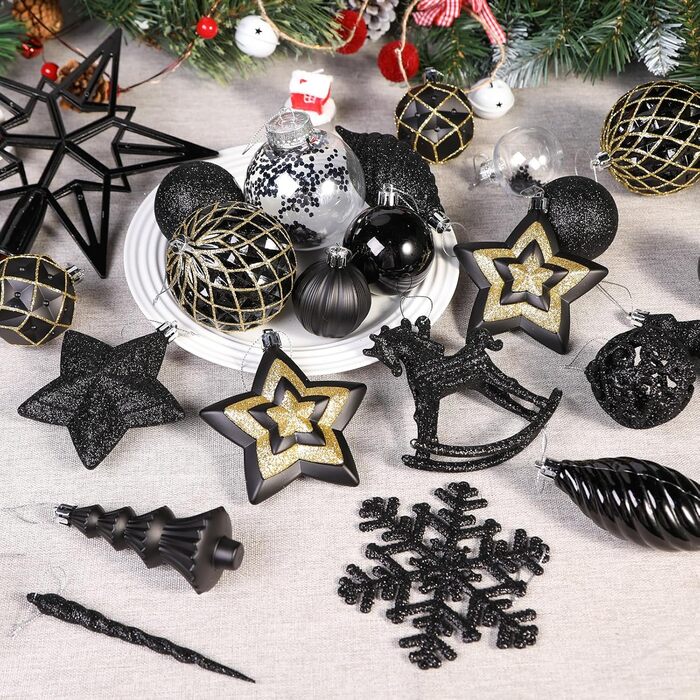 Набір з 100 штучних новорічних кулькок Shareconn, міцні, з гачками, різні розміри та дизайни, декор для ялинки, внутрішнє та зовнішнє прикрашання (чорний)
