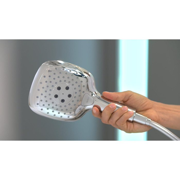 Hansgrohe Raindance Select E Showerhead, Hand Shower with 3 Spray Patterns, Square Showerhead (150 x 150 mm), Showerhead with Anti-Limescale Function, Chrome, 26550000