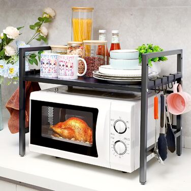 Регульована полиця для мікрохвильової печі, 2-ярусна, розширювана полиця для кухні з вуглецевої сталі з 8 гачками, підставка для кухонного приладдя, стійка для мікрохвильової печі та органайзер для кухні