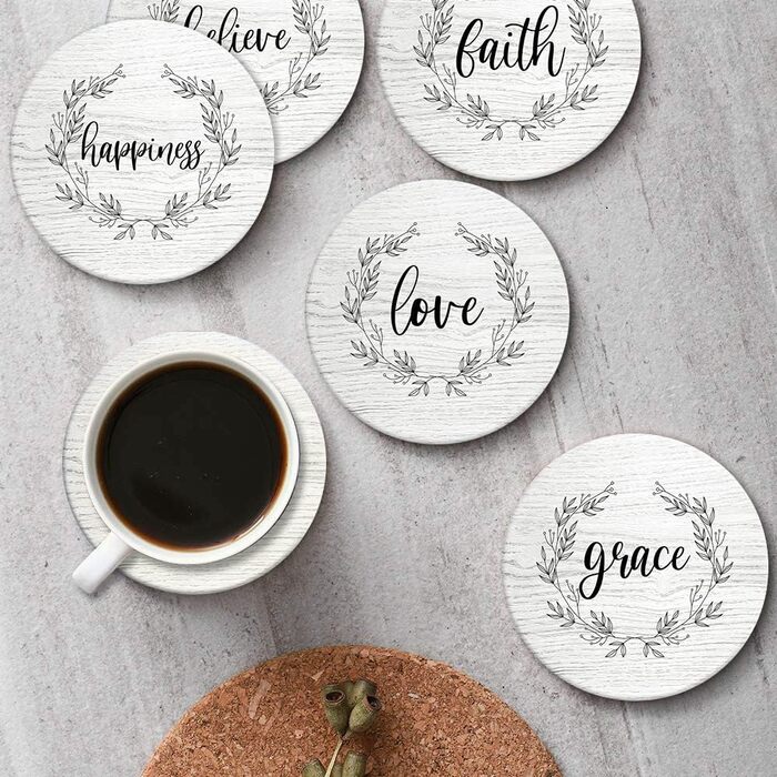Britimes Drink Coasters, Set of 6, White Marble, Inspiring Love, Absorbent, Round, Ceramic Stone Mat, with Cork Base and Metal Holder, Gift for Housewarming, Bar, Decor (Retro 5)