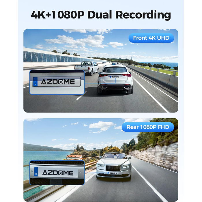 Відеореєстратор AZDOME Dashcam Auto Vorne Hinten 4K+1080P з WiFi, GPS, ADAS, Super Nachtsicht, G-Sensor та Parküberwachung