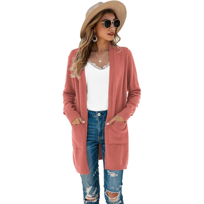 Кардиган жіночий Saodimallsu трикотажний, довгий, легкий, однотонний, з кишенею, темно-рожевий, розмір M