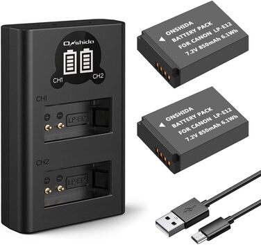 Акумулятор для камери Onshida LP-E12, 2 шт. 850mAh, зарядний пристрій, комплект для Canon EOS M, M2, M10, M100, 100D, Rebel SL1, KISS X7, M50
