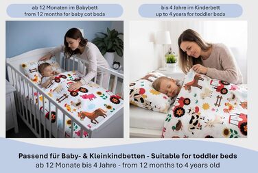 Комплект постільної білизни для дитячого ліжечка: простирадло 100x135 см та наволочка 40x60 см з бавовни, сертифікат Öko-Tex Standard, для хлопчиків та дівчаток (фермерський дизайн)