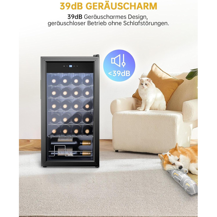 WIE 33 Liter Wine Fridge - 1 Zone Mini Wine Cooler with Glass Door & LED Touch Panel - Anti-UV Wine Storage for 28 Bottles