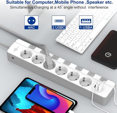 Мережевий фільтр KEPLUG з USB, 4000W, 16A, 6 розеток, білий