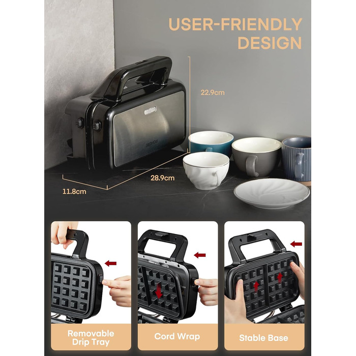 Sandwichmaker 1200W 3-в-1: сендвічниця, вафельниця, контактний гриль з регулюванням температури та антипригарним покриттям | LED-дисплей, нержавіюча сталь/чорний