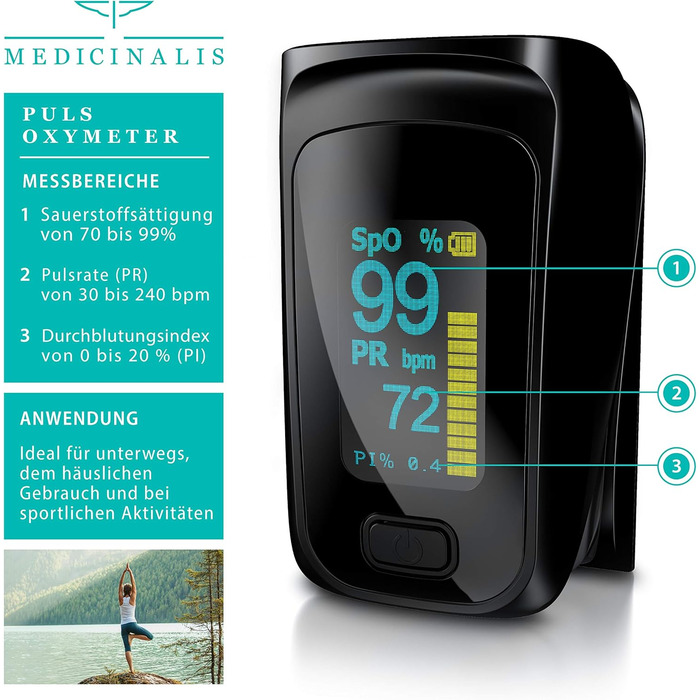 Пульсоксиметр на палець Medicinalis - вимірювання SpO2, пульсу, OLED дисплей, індикатор заряду батареї, тривога, однокнопкове управління, чорний