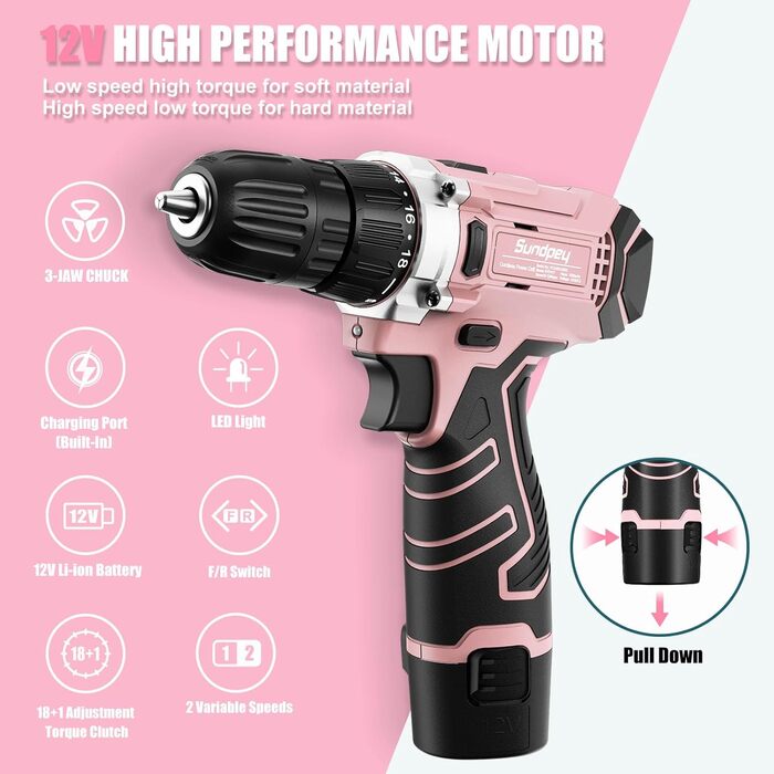 Набір інструментів Sundpey 206tlg з акумуляторною дрилем 12V для ремонту вдома та DIY, рожевий