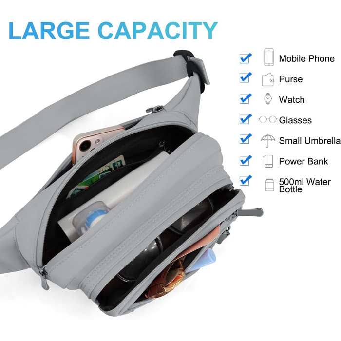 Чоловіча та жіноча поясна сумка на пояс, водонепроникна, з тримачем для пляшки, для піших прогулянок, прогулянок з собакою, активного відпочинку (A-сірий)