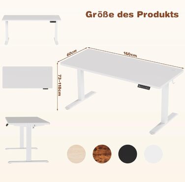 Devoko Adjustable Height Desk, Electric Standing Desk with Desktop - 73-118cm, 2 Memory Settings, Office Desk, Collision Detection (White, 160x60cm)